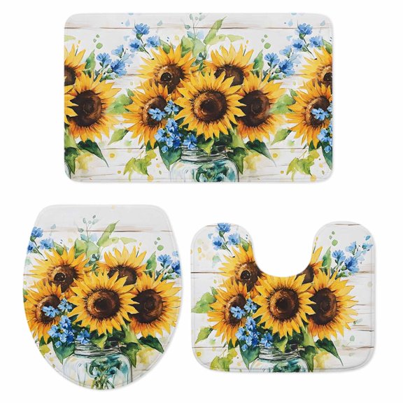 Sunflower Bath Mat 3 Piece Bathroom Rug Set, Retro Country Garden Floral Blue Wildflower Non Slip Bath Rug Contour Mat and Toilet Lid Cover, Absorbent Shower Mats Soft Bath Rugs and Mats Sets