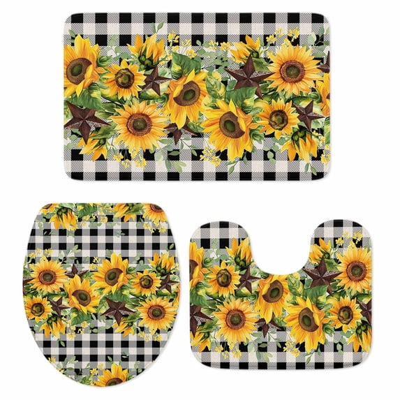 Sunflower Bath Mat 3 Piece Bathroom Rug Set, Rustic Brown Country Star Black Checkered Non Slip Bath Rug Contour Mat and Toilet Lid Cover, Absorbent Shower Mats Soft Bath Rugs and Mats Sets