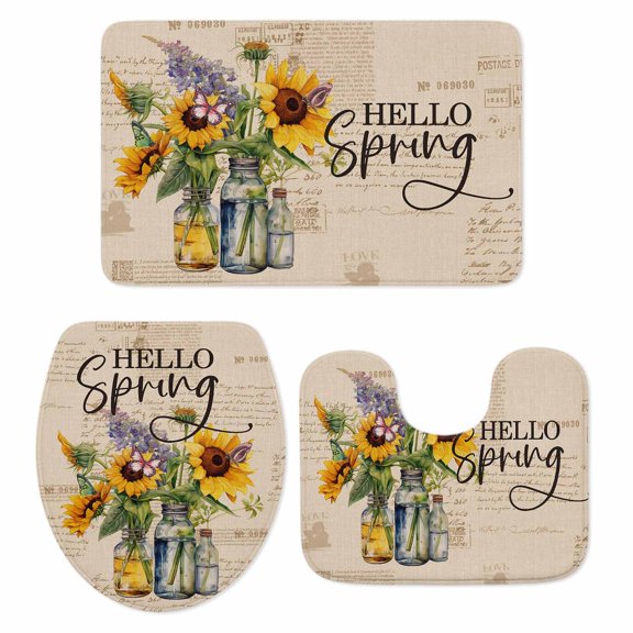 Sunflower Bath Mat 3 Piece Bathroom Rug Set, Spring Floral Summer Botanical Farmhouse Non Slip Bath Rug Contour Mat and Toilet Lid Cover, Absorbent Shower Mats Soft Bath Rugs and Mats Sets