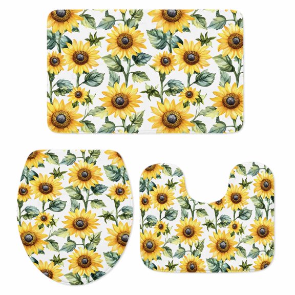 Sunflower Bath Mat 3 Piece Bathroom Rug Set, Spring Green Botanical Summer Floral Non Slip Bath Rug Contour Mat and Toilet Lid Cover, Absorbent Shower Mats Soft Bath Rugs and Mats Sets