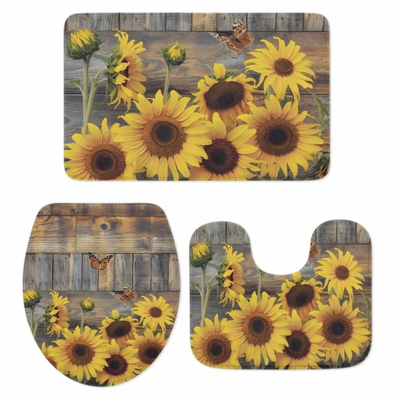 Sunflower Bath Mat 3 Piece Bathroom Rug Set, Spring Yellow Floral Rustic Butterfly Wood Grain Non Slip Bath Rug Contour Mat and Toilet Lid Cover, Absorbent Shower Mats Soft Bath Rugs and Mats Sets