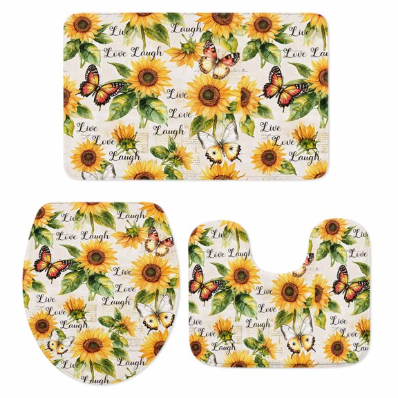 Sunflower Bath Mat 3 Piece Bathroom Rug Set, Summer Botanical Vintage Spring Floral Butterfly Non Slip Bath Rug Contour Mat and Toilet Lid Cover, Absorbent Shower Mats Soft Bath Rugs and Mats Sets