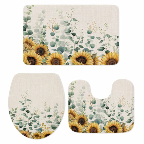 Sunflower Bath Mat 3 Piece Bathroom Rug Set, Yellow Floral Pastoral Botanical Leaves Rustic Non Slip Bath Rug Contour Mat and Toilet Lid Cover, Absorbent Shower Mats Soft Bath Rugs and Mats Sets