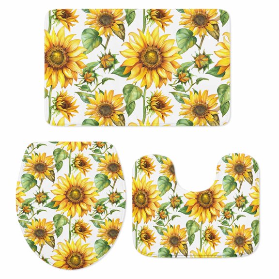 Sunflower Bath Mat 3 Piece Bathroom Rug Set, Yellow Green Botanical Summer Rustic Non Slip Bath Rug Contour Mat and Toilet Lid Cover, Absorbent Shower Mats Soft Bath Rugs and Mats Sets