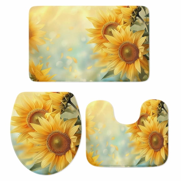 Sunflower Bath Mat 3 Piece Bathroom Rug Set, Yellow Spring Floral Botanical Non Slip Bath Rug Contour Mat and Toilet Lid Cover, Absorbent Shower Mats Soft Bath Rugs and Mats Sets