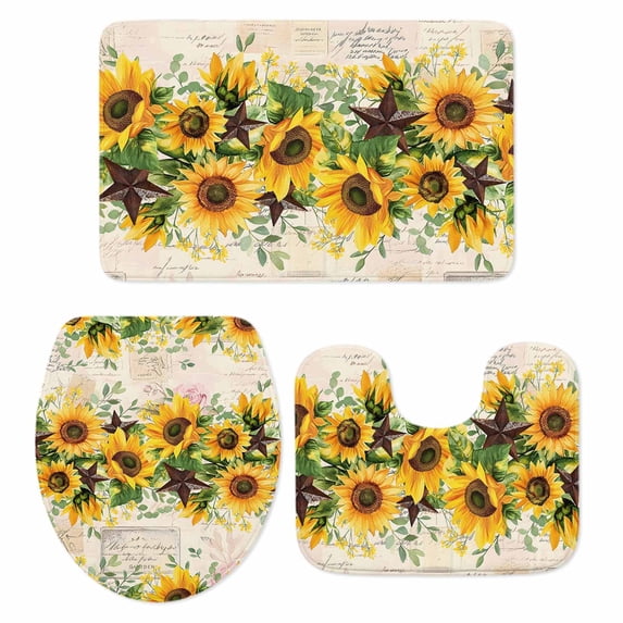 Sunflower Bath Mat 3 Piece Bathroom Rug Set, Yellow Spring Floral Summer Botanical Rustic Non Slip Bath Rug Contour Mat and Toilet Lid Cover, Absorbent Shower Mats Soft Bath Rugs and Mats Sets
