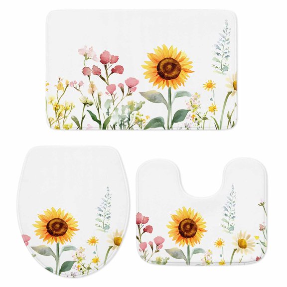 Sunflower Bath Mat 3 Piece Bathroom Rug Set, Yellow Summer Botanical Country Non Slip Bath Rug Contour Mat and Toilet Lid Cover, Absorbent Shower Mats Soft Bath Rugs and Mats Sets