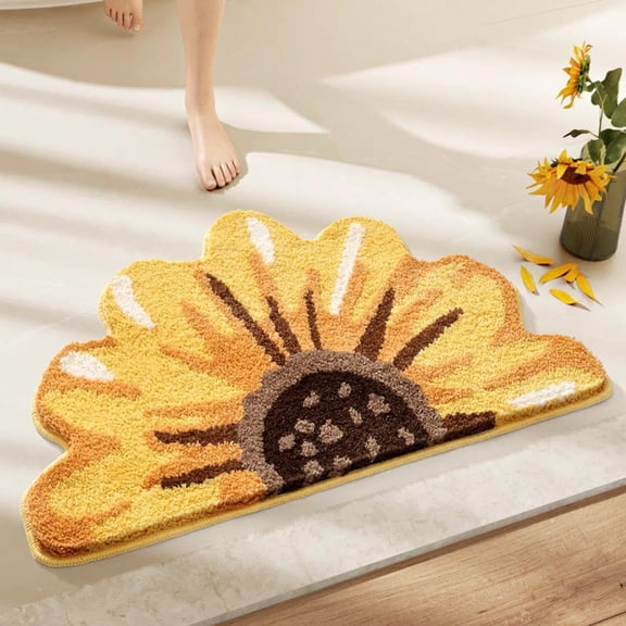 Sunflower Bath Mat 35.8x20 Inch, Half Circle Petal Shape Non-Slip Bathroom Rug
