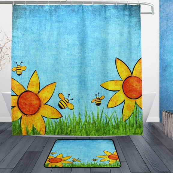 Sunflower Bathroom Accessory Sets Waterproof Shower Curtain with Anti-Slip Bath Mat Durable Combo