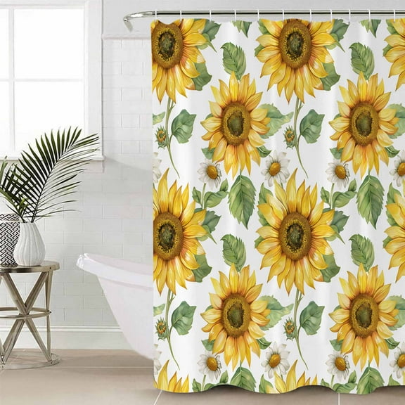 Sunflower Bathroom Curtain 72 Inch Shower Curtain with Hooks, Farmhouse Watercolor Botanical Summer Waterproof Polyester Bath Curtain Washable Bathtub Curtain 72''x 72''