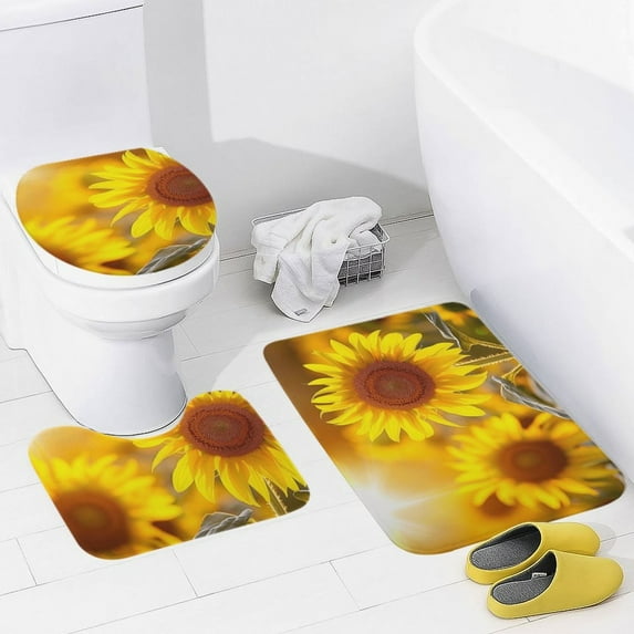 Sunflower Bathroom Rug Set of 3, No Silp Washable Cover Floor Rug Decorations for Kitchen Bathroom Bedroom