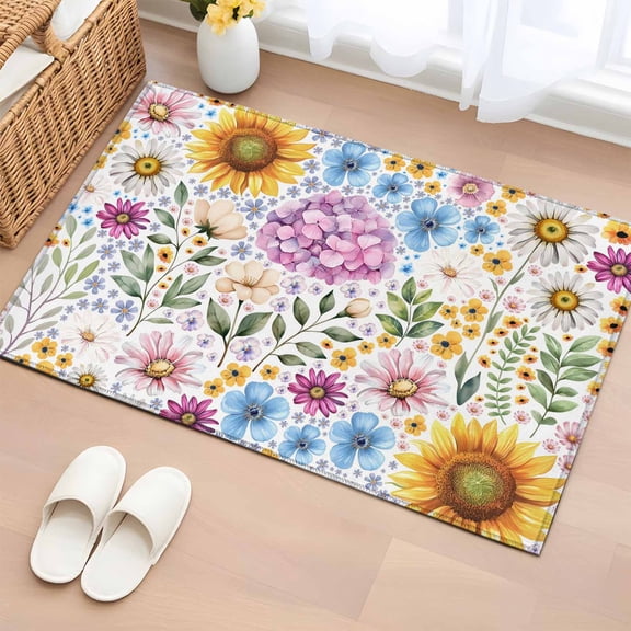 Sunflower Bathroom Rug Washable 2x3 Entryway Rug Non Slip Colorful Flowers Summer Botanical Watercolor Front Door Mat Low Pile Indoor Doormat Throw Floor Carpet for Kitchen Bedroom Entrance