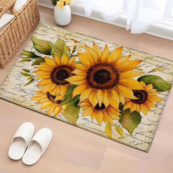 Sunflower Bathroom Rug Washable 2x3 Entryway Rug Non Slip Oil Painting Summer Botanical Front Door Mat Low Pile Indoor Doormat Throw Floor Carpet for Kitchen Bedroom Entrance