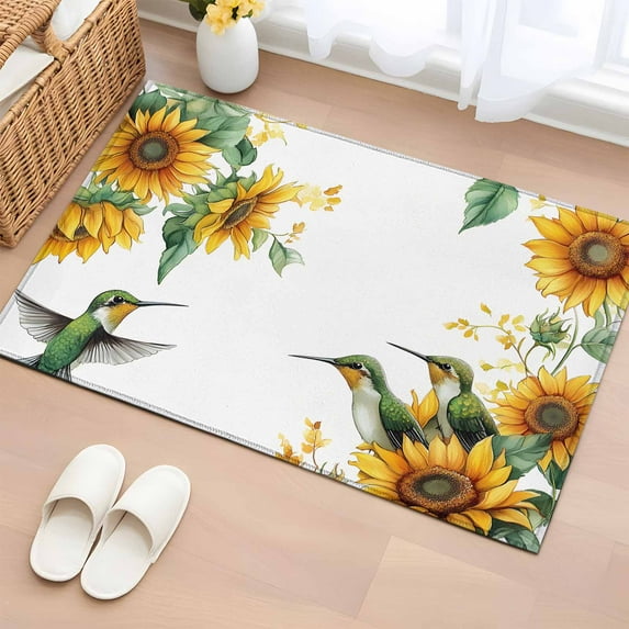Sunflower Bathroom Rug Washable 2x3 Entryway Rug Non Slip Summer Botanical Hummingbird Vintage Front Door Mat Low Pile Indoor Doormat Throw Floor Carpet for Kitchen Bedroom Entrance