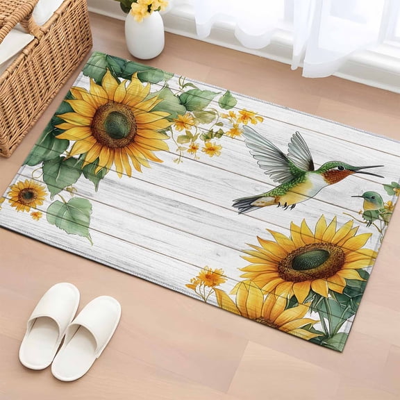 Sunflower Bathroom Rug Washable 2x3 Entryway Rug Non Slip Summer Flowers Hummingbird Vintage Front Door Mat Low Pile Indoor Doormat Throw Floor Carpet for Kitchen Bedroom Entrance