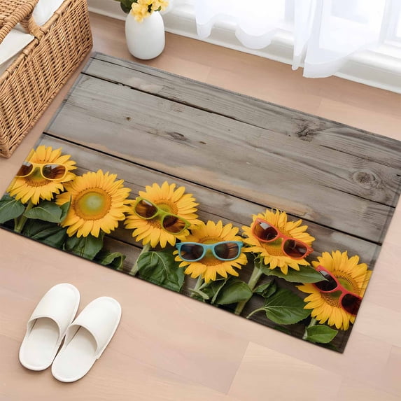 Sunflower Bathroom Rug Washable 2x3 Entryway Rug Non Slip Sunglasses Rustic Wood Grain Brown Summer Front Door Mat Low Pile Indoor Doormat Throw Floor Carpet for Kitchen Bedroom Entrance