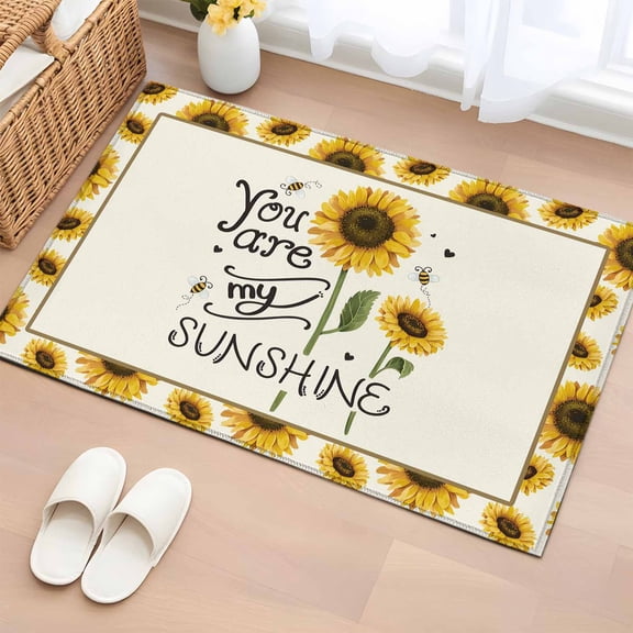 Sunflower Bathroom Rug Washable 2x3 Entryway Rug Non Slip Sunshine Bee Country Farm Floral Bee Front Door Mat Low Pile Indoor Doormat Throw Floor Carpet for Kitchen Bedroom Entrance