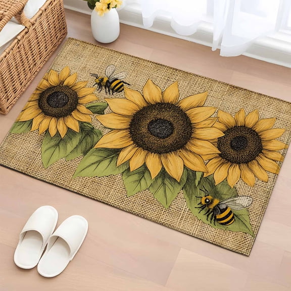 Sunflower Bathroom Rug Washable 2x3 Entryway Rug Non Slip Yellow Summer Flower Vintage Front Door Mat Low Pile Indoor Doormat Throw Floor Carpet for Kitchen Bedroom Entrance