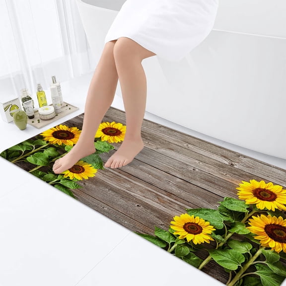 Sunflower Bathroom Rugs, Sunflower Non-Slip Bath Rugs Rustic Wooden Bathroom Rugs Set, Vinatge Country Wood Farmhouse Bathroom Rug Mat 17X48inch, Extra Soft and Absorbent Bath Rugs