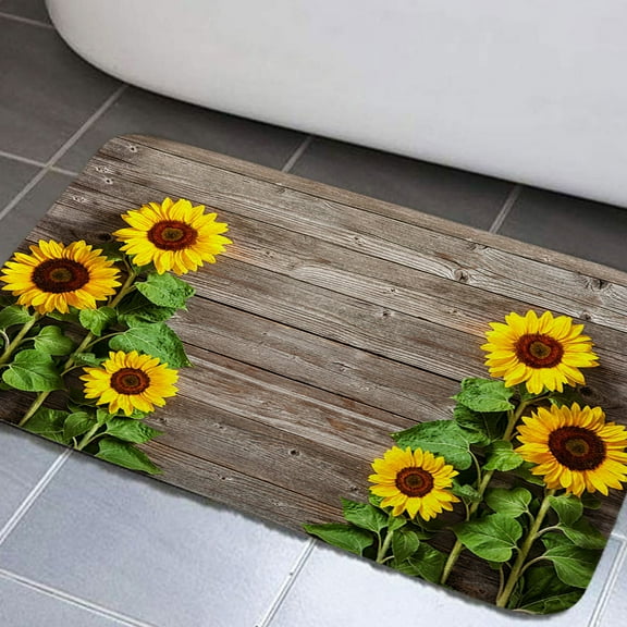 Sunflower Bathroom Rugs, Sunflower Non-Slip Bath Rugs Rustic Wooden Bathroom Rugs Set, Vinatge Country Wood Farmhouse Bathroom Rug Mat 17x29inch, Extra Soft and Absorbent Bath Rugs