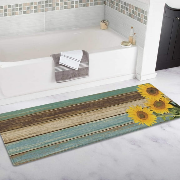 Sunflower Bathroom Rugs Teal Bath Mat Wood Grain Non-Slip Water Absorbent Bath Rug Soft Microfiber Floor Mats for Bathroom Tub and Shower Room