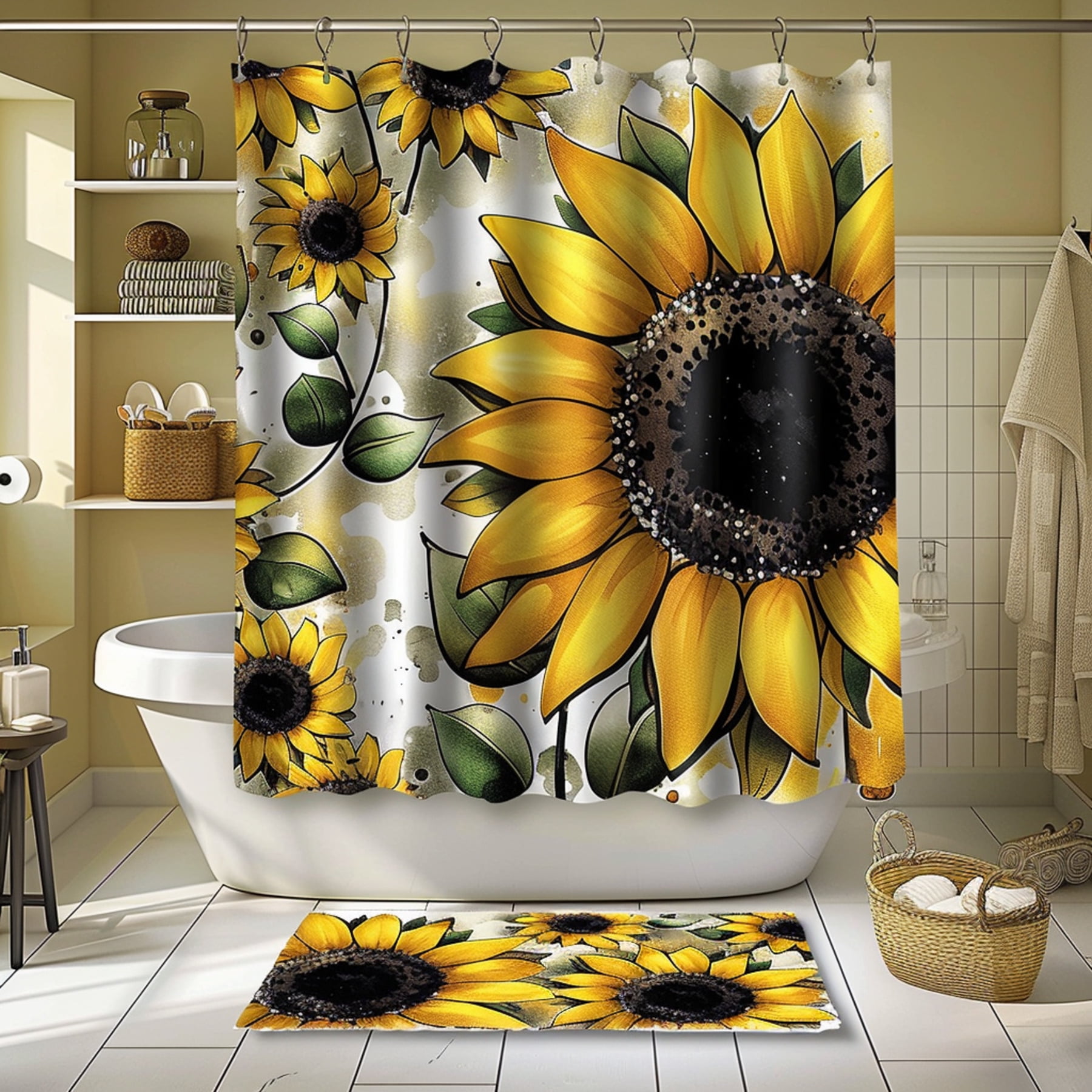 Sunflower Bathroom Set with Accessories Bright Yellow Floral Design ...