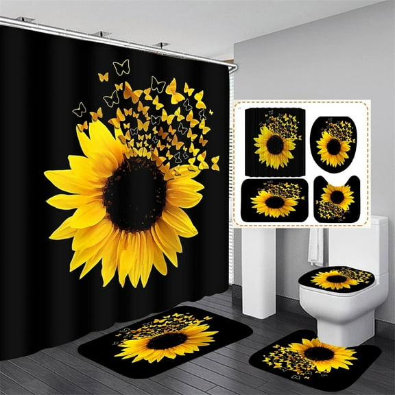Sunflower Bathroom Sets Decor with Rugs Flower Floral Shower Curtain Sets Accessories 4 Piece with Shower Curtain Non-Slip Rug Toilet Lid Cover and Bath Mat and 12 Hooks