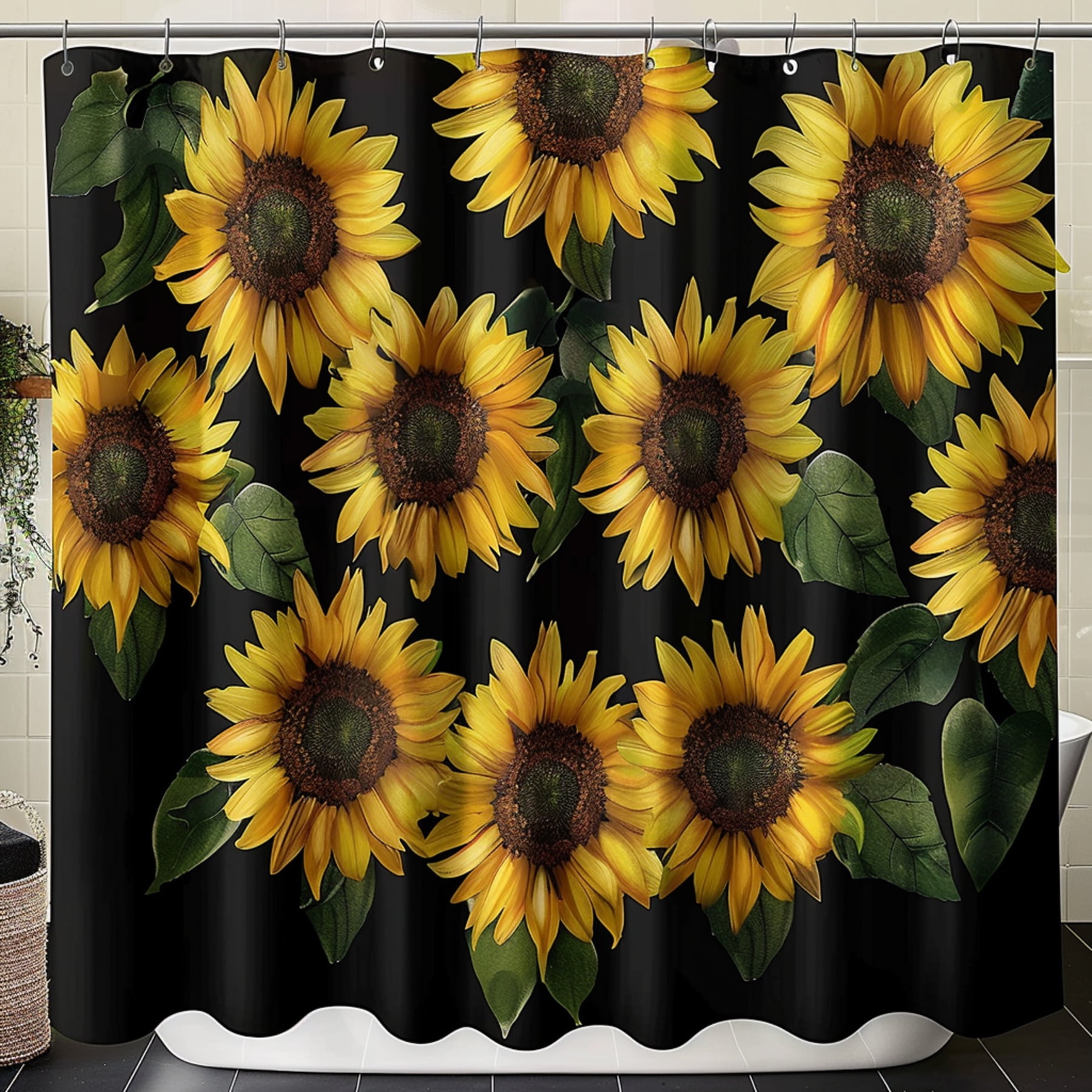 Sunflower Bathroom Shower Curtain Sunwood Flower Design on Black