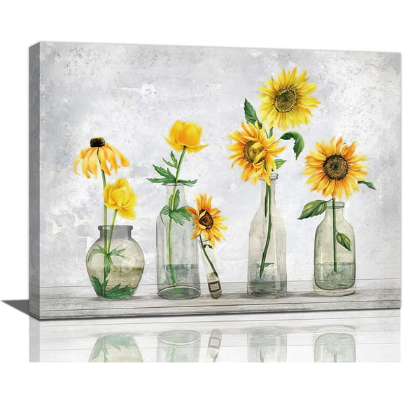 Sunflower Bathroom Wall Art Farmhouse Sunflowers Pictures Wall Decor Rustic Country Floral Flower Canvas Print Painting Framed Modern Home Artwork Decorations For Bathroom Bedroom Office 16"x12"