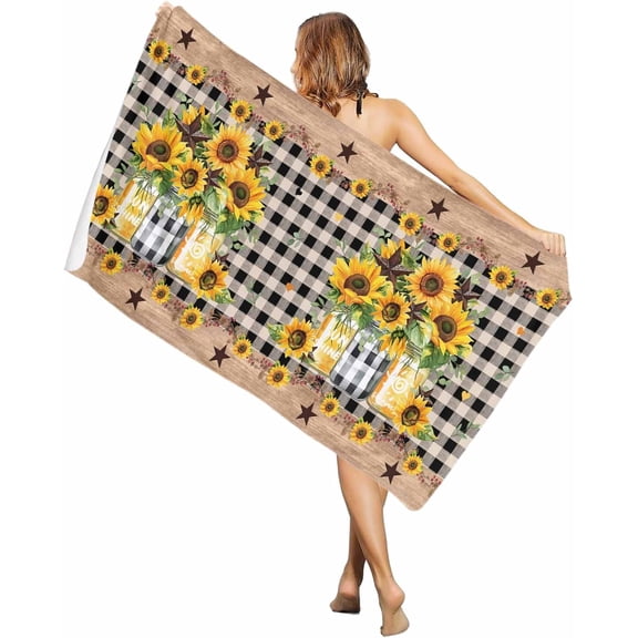Sunflower Beach Towel Large Beach Towels Oversized Quick Dry Microfiber Pool Towel for Travel, Black White Plaid Farmhouse Stars Sand Free Swim Towels for Men Women, 60x30IN