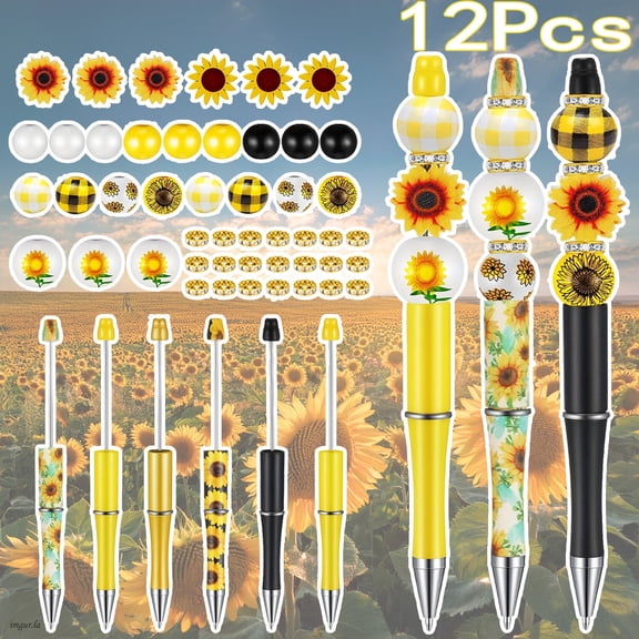 Sunflower Beaded Pen Set, 12 Creative Ballpoint Pens, Ideal Gift for Office Supplies, Pet Lovers, and Floral Enthusiasts