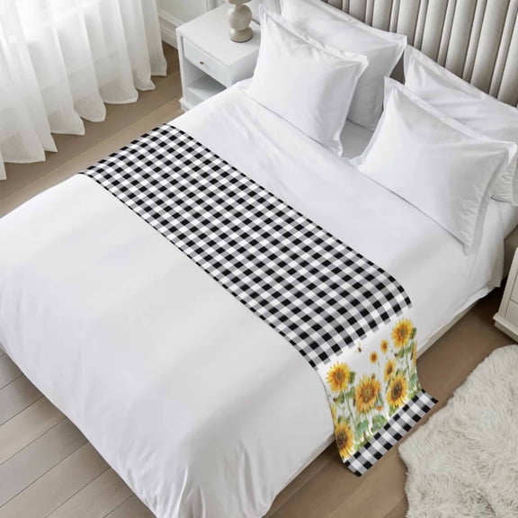 Sunflower Bed Runner Scarf Twin Size, Black White Buffalo Plaid Check Country Bee Luxury Bed Throw Runners & Scarves for Twin Full Queen King Foot of Beds, Bedroom Hotel Decoration, 71"x20"