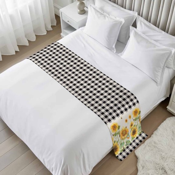 Sunflower Bed Runner Scarf Twin Size, Retro Buffalo Plaid Black White Country Bee Luxury Bed Throw Runners & Scarves for Twin Full Queen King Foot of Beds, Bedroom Hotel Decoration, 71"x20"
