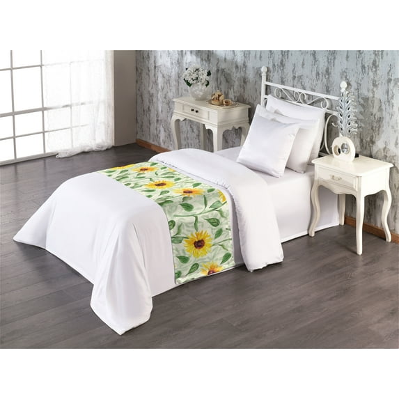 Sunflower Bed Runner, Watercolor Summer Flowers and Leaves Country Cottage Vibes Pattern, Decorative Accent Bedding Scarf for Hotels Homes & Guest Rooms, Twin, Earth Yellow and Green, by Ambesonne