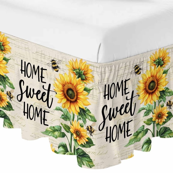Sunflower Bed Skirt Cal King Size 16 Inch Drop, Adjustable & Elastic Wrap Around Bed Skirts Pleated Dust Ruffles For Twin Full Queen Cal King Base Beds, Summer Botanical Bee Farmhouse Watercolor
