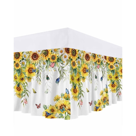 Sunflower Bed Skirt Cal King Size, Summer Botanical Butterfly Watercolor Wrap Around Bed Skirting with Adjustable Elastic Strap, Dust Ruffled Pleated Bedskirts 18 Inch Drop for Bedroom Cal King Beds