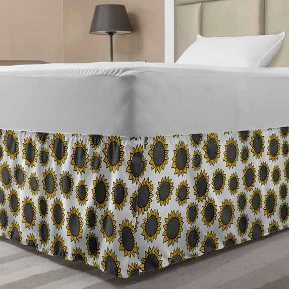 Sunflower Bed Skirt, Hand Drawn Style Flower Pattern Simple Nature Inspired, Elastic Bedskirt Dust Ruffle Wrap Around for Bedding Decor, 4 Sizes, Grey Earth Yellow, by Ambesonne
