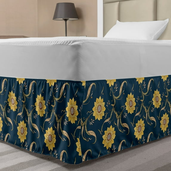Sunflower Bed Skirt, Helianthus Floral Wild Pointy Petals Repetitive Print, Elastic Bedskirt Dust Ruffle Wrap Around for Bedding Decor, 4 Sizes, Dark Sky Blue Mustard, by Ambesonne