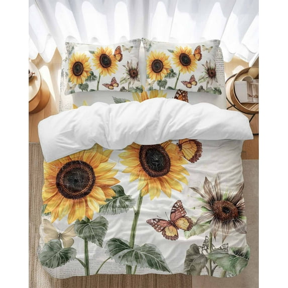 Sunflower Bedding Duvet Cover Set Queen Size 4 Pieces Farmhouse Rustic Retro Summer Floral Butterfly Bedding Set with Zipper Closure, 1 Comforter Cover 90x92 Inches 1 Flat Sheet & 2 Pillow Cases