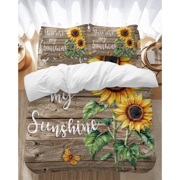 Sunflower Bedding Duvet Cover Set Twin Size 4 Pieces You Are My Sun Shine Vintage Brown Wood Board Bedding Set with Zipper Closure, 1 Comforter Cover 68x90 Inches 1 Flat Sheet & 2 Pillow Cases