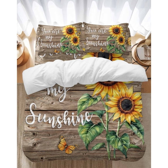 Sunflower Bedding Duvet Cover Set Twin Size 4 Pieces You Are My Sun Shine Vintage Brown Wood Board Bedding Set with Zipper Closure, 1 Comforter Cover 68x86 Inches 1 Flat Sheet & 2 Pillow Cases