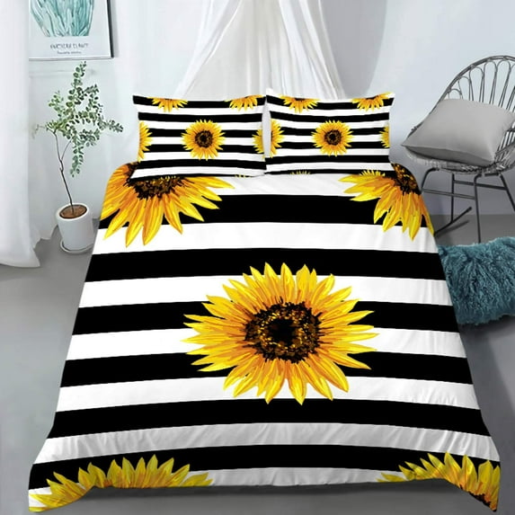 Sunflower Bedding Set, Black and White Striped Flower Duvet Cover Set,Superior Yellow Flower Bed Cover Set,Printed Stripe Comforter Cover,Pillow Case,Microfiber Fabric,No Comforter