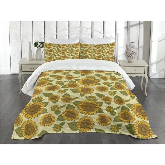 Sunflower Bedspread, Funky Style Sunflower in Pastel Colors Old Fashioned Nostalgic Vintage Print, Decorative Quilted 3 Piece Coverlet Set with 2 Pillow Shams, Queen Size, Yellow Green, by Ambesonne