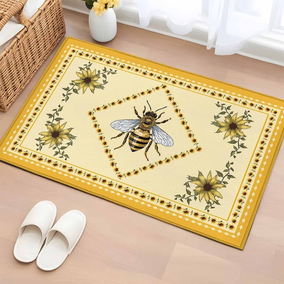 Sunflower Bee 2'x3' Rug for Entryway Front Door Kitchen Sink Area, Vintage Daisy Flower Yellow Border Low Pile Non Slip Rectangle Area Rug, Machine Washable Indoor Outdoor Mat