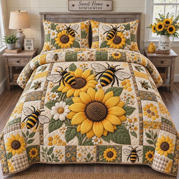 Sunflower Bee 3-Piece Quilted Bedding Set, Farmhouse Floral Bedding