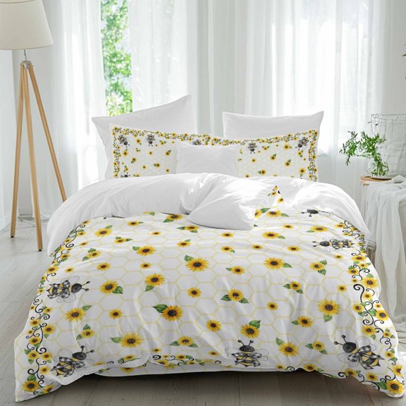 Sunflower Bee 4 Piece Duvet Cover Set Queen Size Country Summer Floral Bee Nest Soft Bedding Set Comforter Cover, 1 Duvet Cover 1 Flat Sheets and 2 Pillowcases