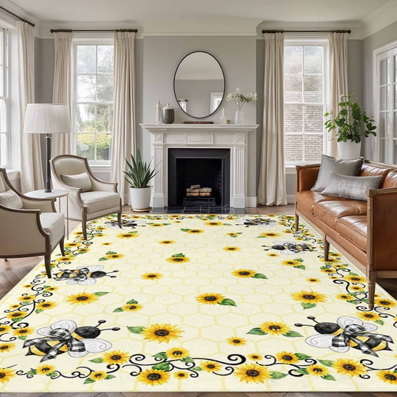 Sunflower Bee 6'x9' Rug for Dining Room Table and Chair Setup, Country Summer Floral Bee Nest Yellow Low Pile Washable Non Slip Rectangle Area Rug for Living Room