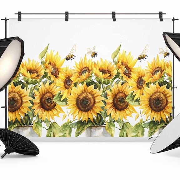 Sunflower Bee Backdrop for Photoshoot,Photography Photo Studio Background Wall Backdrop,Watercolor Yellow White Summer Spring Back Drop Banner Panel for Portraits Wedding Party Live Streaming 7x5Ft