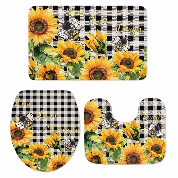 Sunflower Bee Bath Mat 3 Piece Bathroom Rug Set, Black Buffalo Plaid Botanical Leaf Floral Non Slip Bath Rug Contour Mat and Toilet Lid Cover, Absorbent Shower Mats Soft Bath Rugs and Mats Sets