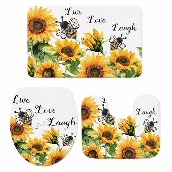 Sunflower Bee Bath Mat 3 Piece Bathroom Rug Set, Vintage Yellow Floral Farmhouse Watercolor Non Slip Bath Rug Contour Mat and Toilet Lid Cover, Absorbent Shower Mats Soft Bath Rugs and Mats Sets